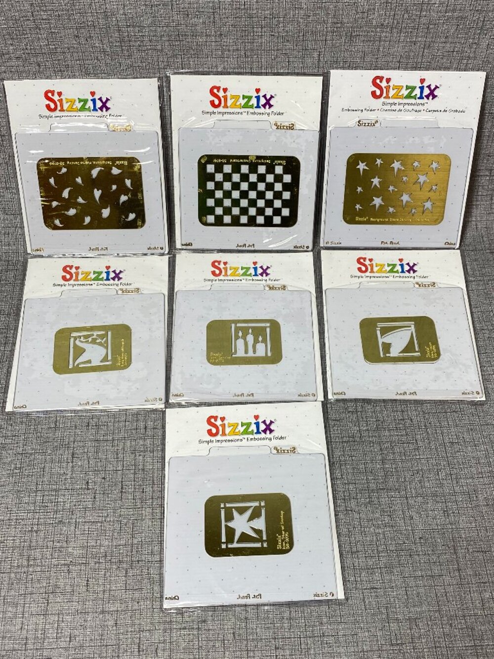 NEW SIZZIX Simple Impressions Embossing Folder 7pc Lot Background Hearts Stars
